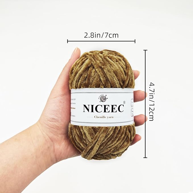 NICEEC 3 Skeins Soft Chenille Yarn 3 x85m (3X 93yds, 3X 50g)_Dark Brown
