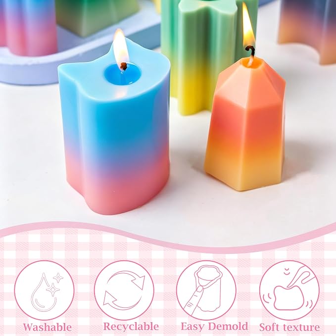 8PCS Reusable Silicone Candle Molds Set - Prism/Square Pyramid/Cloud/Pentagon/Hexagon/Flower/Cat Shapes for DIY Candle Making, Soap, Resin Crafts, Easy Release Candle Making Kit