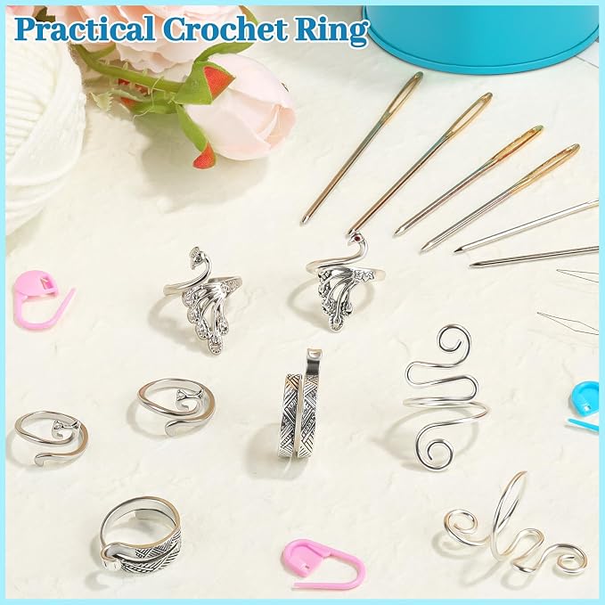 8 Pcs Crochet Ring, Adjustable Crochet Ring for Finger, Tension Rings | FOUSNOW Cat Yarn Guide Yarn Knitting Thimble, Faster Knitting Crocheting Accessories for Mother Grandma