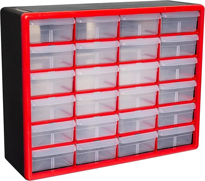 Akro-Mils 24-Drawer Plastic Storage Cabinet, 20"W x 6"D x 16"H, Red | Plastic Cabinet w/ Drawers for Garage Organization, Beads, Building Bricks Storage, Teacher Toolbox, Makeup Organizer, 10124