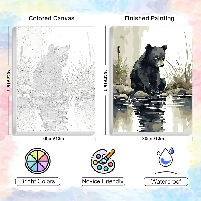 Yezavesu Bear Framed Paint by Numbers Kit for Adults Beginner | With Frame Canvas 12x16 Inch, DIY Acrylic Painting by Numbers Bear, Stress Relief Craft Kits, Home Wall Decor Gift