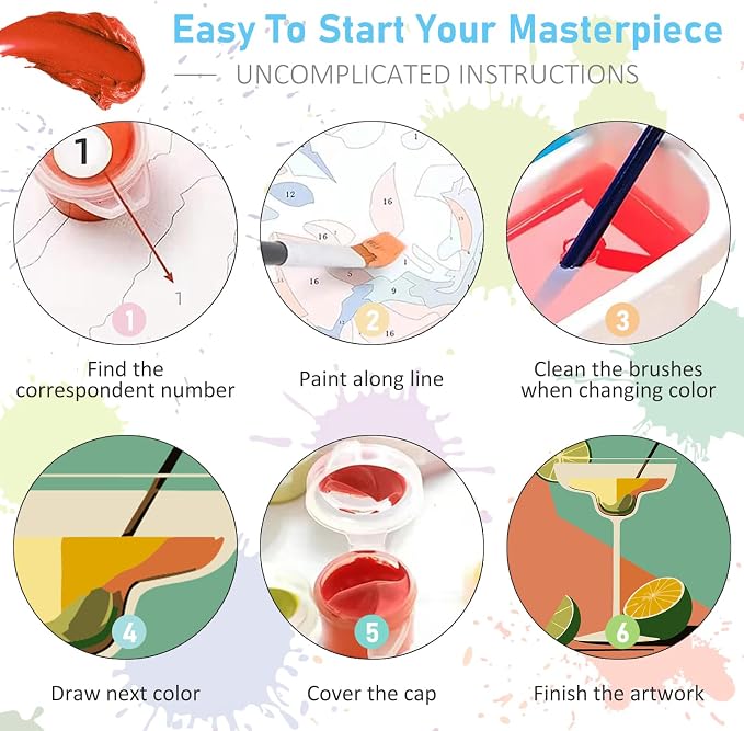 Offito 6 Pack Paint by Numbers Kit for Adults, Retro Cocktail, 8x10 Inch | Acrylic Vintage Drink Number Painting, DIY Canvas Art Craft Kit for Beginner, Home Decor, Stress Relief Relaxing Hobby Gift