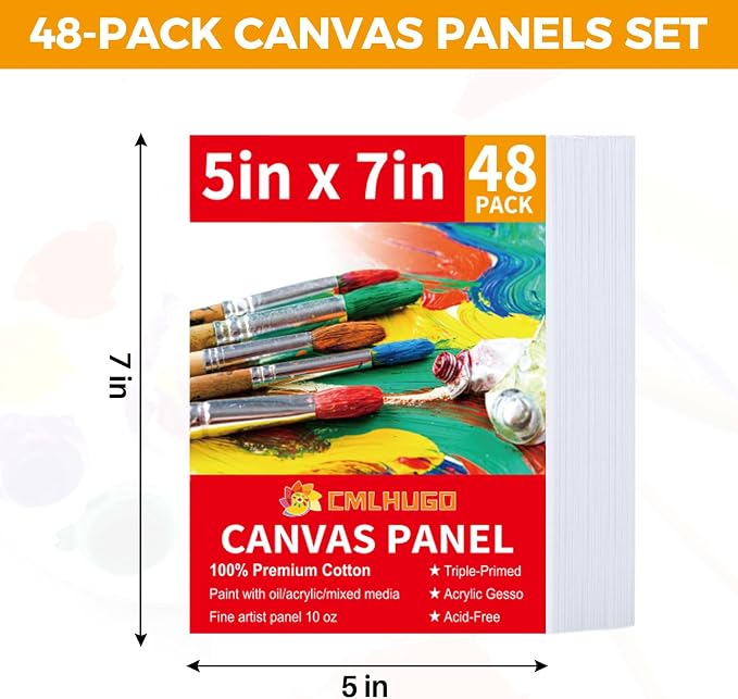 48 Pack 5x7 Inch Boards Blank for Painting, Kids Art Painting Canvases, Primed 100% Cotton Canvas Panels for Acrylic Oil Watercolor Tempera Paints