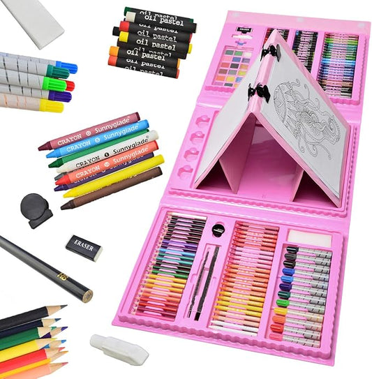 Sunnyglade 185 Pieces Double Sided Trifold Easel Art Set Art Supplies Pink | Art Kit Drawing Art Box with Oil Pastels, Crayons, Colored Pencils, Markers, Paint Brush, Watercolor Cakes, Sketch Pad