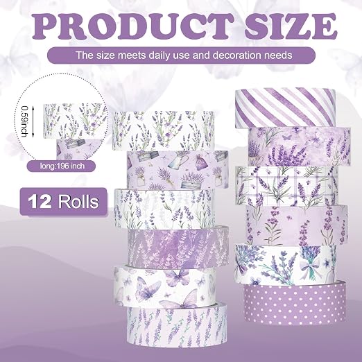 12 Rolls Floral Washi Tape Set,Purple,Lavender | Watercolor Flowers Design for Scrapbook Journal DIY Craft School Supplies, 15 mm Vintage Decorative Masking Washi Tapes