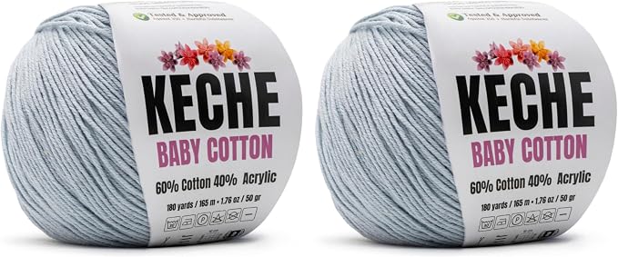 Keche Baby Cotton, 60% Cotton 40% Acrylic Yarn, Soft Cotton Yarn for Crochet and Knitting, Amigurumi Yarn 4 Skeins/Balls [1.76 Oz (50g) / 180 Yrds (165m)] x 2 Light Blue Gray