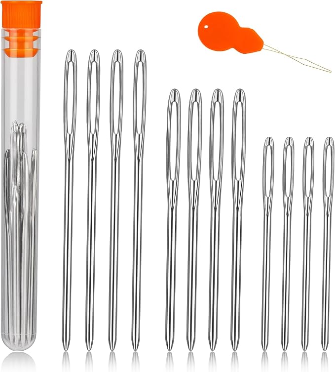 TLKKUE 12 Pcs/3 Sizes Large-Eye Blunt Needles, Steel Yarn Needle Silver | Tapestry Needle with Needle Threader for Sewing Crochet Knitting Embroidery (Silver 2.08in/2.36in/2.76in)
