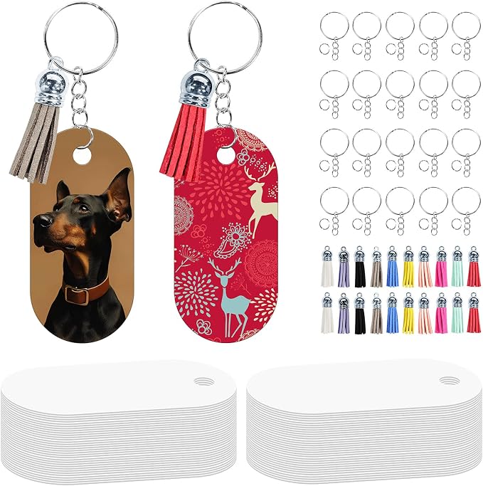 GEKIXUTP 160 Pcs metal Sublimation Keychain Blanks Bulk,Double Sided Sublimation Blanks Keychain Heat Transfer Keychain Blanks with Tassels,Sublimation Ornament Blanks key chain