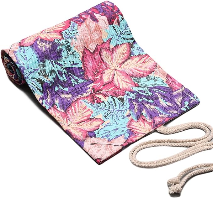 DIYOMR 24/36/72 Slots Pencil Wrap Pencil Rolls, Artist Colored Pencils Roll Up Bag Short Brushes Pouch Case Pencils Organizer for Drawing Coloring and Sketching,No Pencils (Maple Leaves, 36slots)
