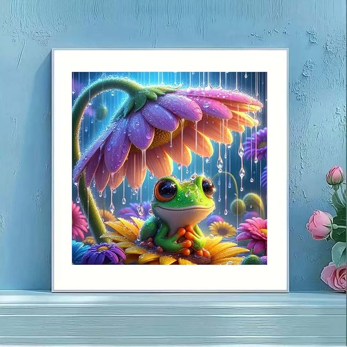 OJTOYART Frog Diamond Art Kits for Adults, 5D Animals Round Full Drill Diamond Painting, DIY Gem Art Craft with Flower Theme, Home Wall Decor, 13.79 x 13.79 Inch