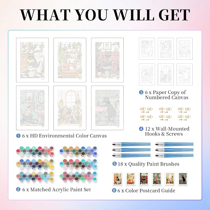 6 Pack Paint by Numbers Kit for Adults, Black Cats Canvas Painting Set | 8x12 Inch, DIY Acrylic Painting Craft Kit for Beginners without Frame, Relaxing Creative Hobby, Home Wall Decor, Gift