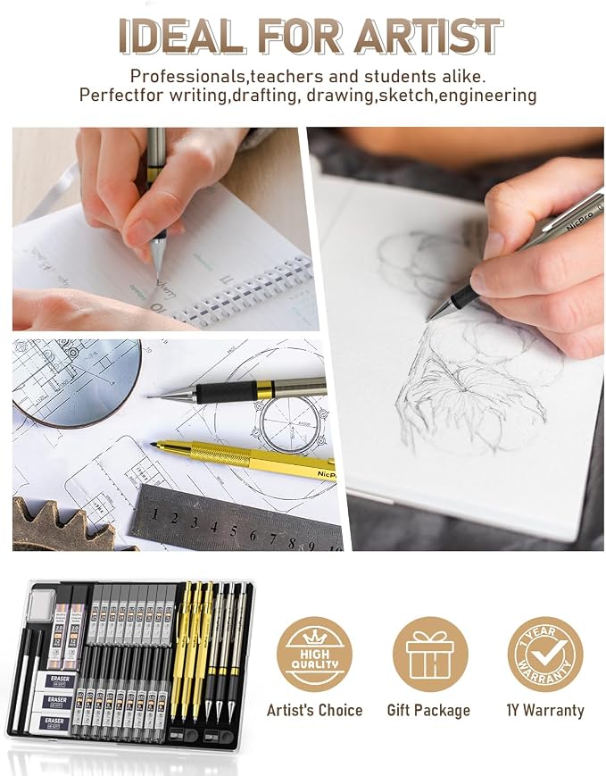 Nicpro 37PCS Gold Art Mechanical Pencil Set, 0.3/0.5/0.7/0.9/2mm Point | 360 Lead Refills(6B 4B 2B HB 2H 4H) 4 Erasers+18 Eraser Refills, Full Metal, School Supplies for Sketching Drawing Drafting