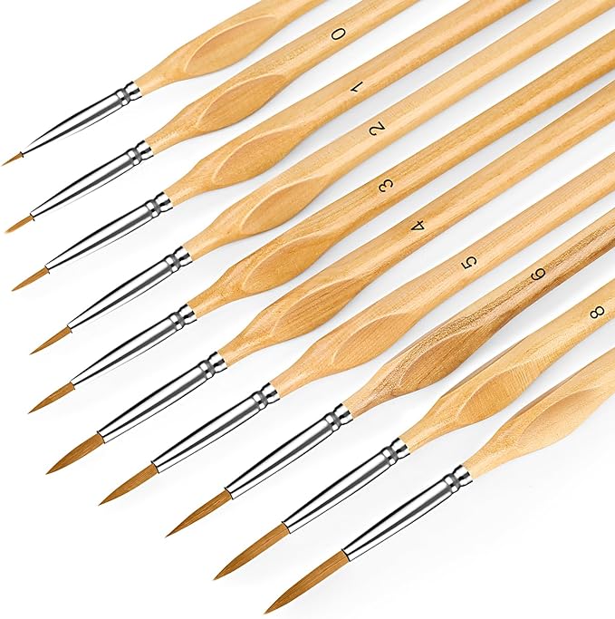 10Pcs Miniature Detail Paint Brush Set, Triangular Wooden Handles | Tiny tips for acrylic, oil, watercolor, models, 40K figurines, face & crafts. Great on canvas, rock & paint by number kits.
