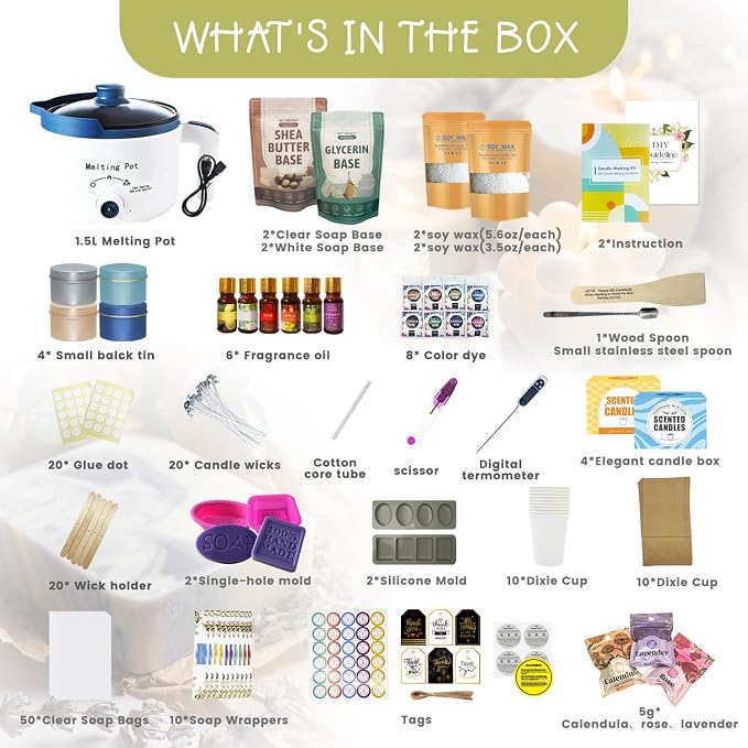 PIUH 2-in-1 Candle & Soap Making Kit for Adults Begineers DIY Craft Kit | Complete Candle and Soap Supplies Kit with Melter, DIY Kit Make Soaps and Scented Candles, Soap Base, Soy Wax, Molds