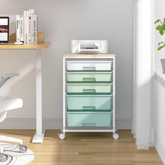 SYKIARIOL Rolling Cart with Drawers,5 Drawers Storage Cart,Light Green | 5-Tiers Utility Cart with Drawers with Lockable Wheels for Craft Organizers and Storage,Home Office,Classroom,Dorm,Playroom