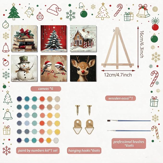 LWZAYS 6 Pack Christmas Paint by Numbers Kit for Adults with Frame, Easy Paint by Number for Adults Beginner with Wooden Easel, DIY Painting by Numbers Canvas Framed for Home Decor 8 x 8 Inch