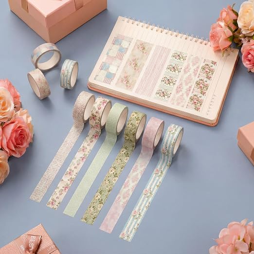 12 Rolls Floral Washi Tape Set,Vintage Pink,Cottagecore | Watercolor Flowers Design for Scrapbook Journal DIY Craft School Supplies, 15 mm Vintage Decorative Masking Washi Tapes