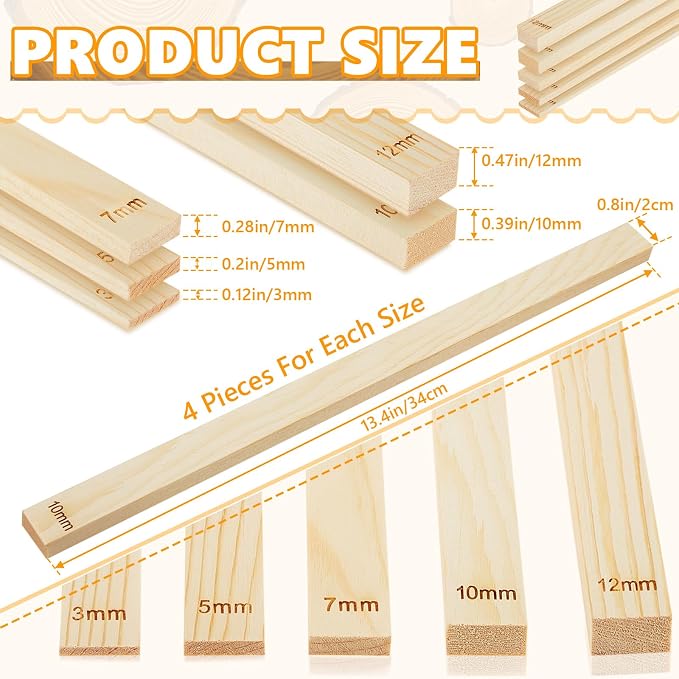 Sasylvia 20 Pcs Clay Pottery Rolling Pin Guides,5 Size,Wood Color | Wooden, Teaching Rolling Mud Stick Guide, Polymer Clay Depth Thickness Guide, Pottery Mudboard Tool