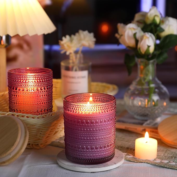 DARJEN 12 Pcs 10 oz Glass Candle Jars with Lids, Candle Tins-Purple | Thick Wall Ribbed Glass, Airtight Wood Lids- The go to candle jar for DIY, thoughtful gifters, growing candle brands