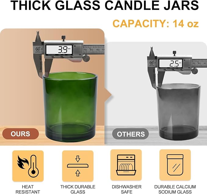 SHOWIN 14 OZ Thick Candle Jars for Making Candles 12 Pcs, 3 Wick Empty Jars with Wood Lids for Candle Making, Sample Container,Clear Green