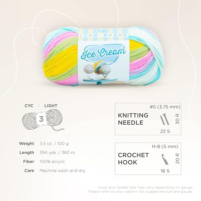 Lion Brand Yarn, Ice Cream Baby Yarn for Knitting, Crochet, and Crafts, Bunny Tracks, 1 Pack, DK Weight Colorful Acrylic Fiber for Baby Blankets, Hats, and Sweaters