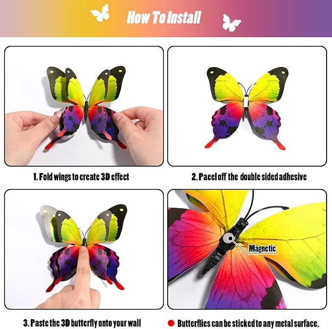 SAOROPEB 3D Butterfly Wall Decor, 72 Pcs Multicolor Butterfly Decorations