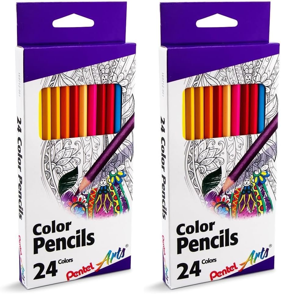 Pentel Arts Colored Pencils, Assorted Colors, Set of 24 (Pack of 2)