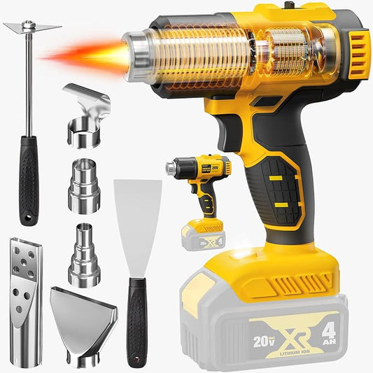 Cordless Heat Gun for DeWALT 20V MAX Battery, 7Pcs Nozzles&Scraper, LED Light, 350W Fast Heating Soldering Hot Air Gun, 2-Temp Setting Max 990℉(532℃), Heat gun for Shrink Tubing, Crafts (Tool Only)