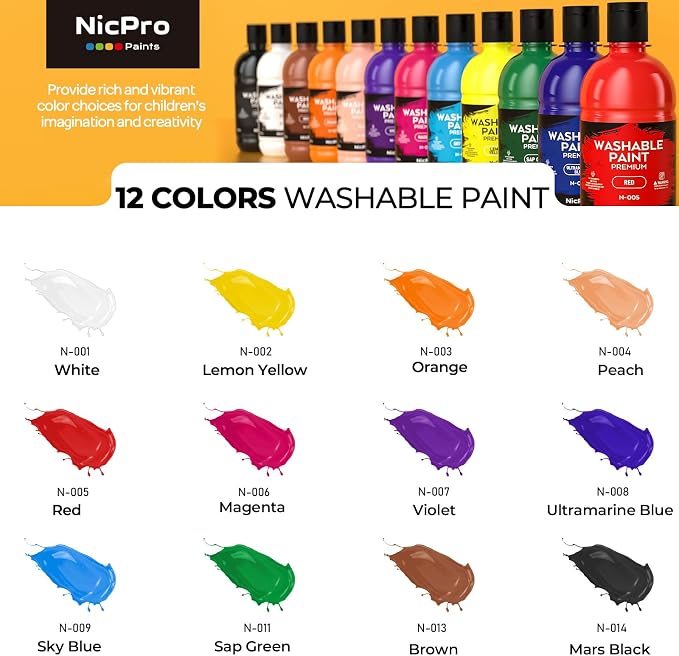Nicpro 12 Colors Large Washable Paint Set for Kid (16.9oz), Acrylic Bulk | Paint Supplies Non Toxic Tempera Paint for Art, Craft DIY, Poster & Finger Paint, School, Home, Teacher Classroom Must Haves