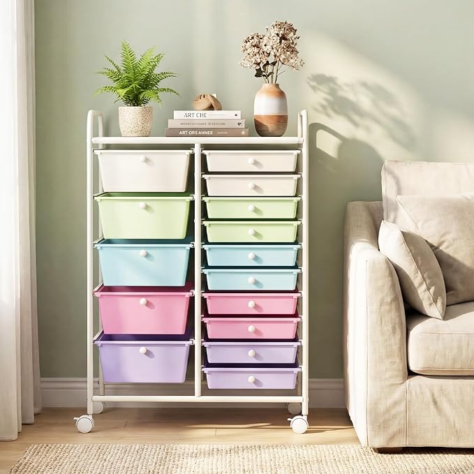 LDAILY 15 Drawer Rolling Storage Cart, Rolling Cart with Drawers for Classroom, Art Supply Craft Organizer on Wheel with Metal Frame & Handles for Home Office School (Ice cream color, 15 Drawer)