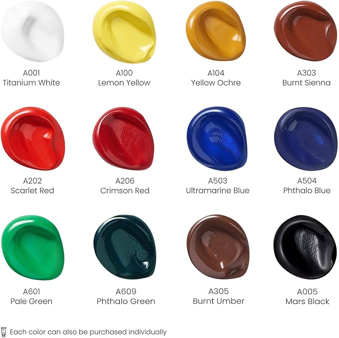 ARTEZA Acrylic Paint Set, 12 Colors, 22 ml / 0.74 oz Tubes, High-Viscosity
