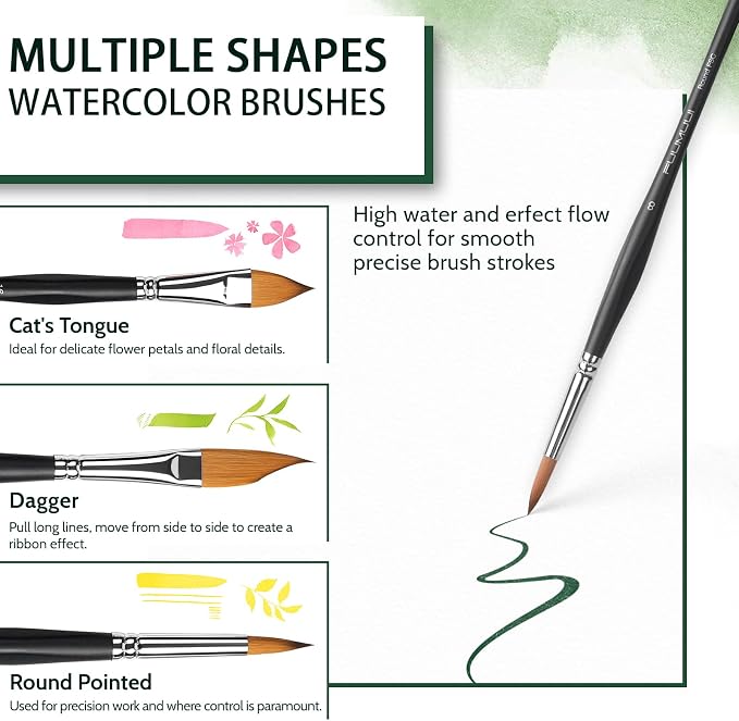 Fuumuui Watercolor Paint Brushes, Professional 10Pcs Synthetic Sable Water Color Brushes for Adult with Wide Flat, Round, Dagger, Cat's Tongue, Liner for Watercolor Gouache Inks Painting