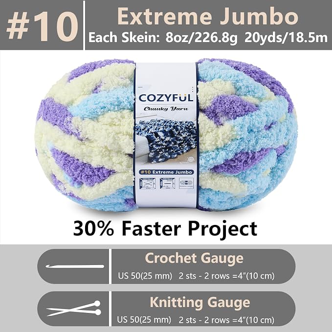 Cozyful Chunky Yarn for Hand Knitting - #10 Chunky Chenille Blanket Yarn, Jumbo Big Thick Chunky Yarns for Crocheting, Tie Dye Bulky Knit Yarns, 8 Skein (20 yds 8 oz Each Skein), Purple&Yellow&Blue