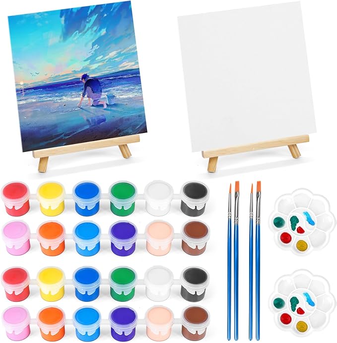 2 Pack 8 * 10In Canvas Boards for Painting, Art Canvas for Drawing with 4 Brushes & 2Paint Trays & 4 Acrylic Paint, Mini Painting Canvas with Easel Set, Painting Kits for Adults Party