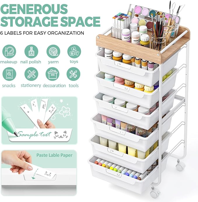 SYKIARIOL 6 Drawer Rolling Cart for Craft Storage,Utility Drawer Cart,White | Organizer with Handle and Wooden Top,Storage on wheels for Office,Classroom,Laundry,Garage,Snack,Art Supply