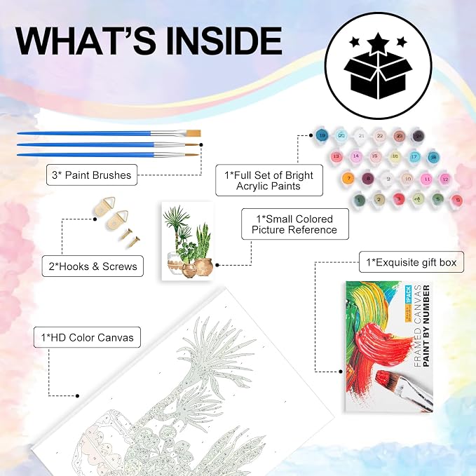 Yezavesu Framed Paint by Numbers Kit for Adults Beginner & Kids Ages 8-12, Easy Green Plant Paint by Numbers with Frame, DIY Number Painting for Adults Plants for Home Wall Decor Gift 8X 12 inch | With Frame Canvas 8x12 inch, DIY Acrylic Painting by Nu...