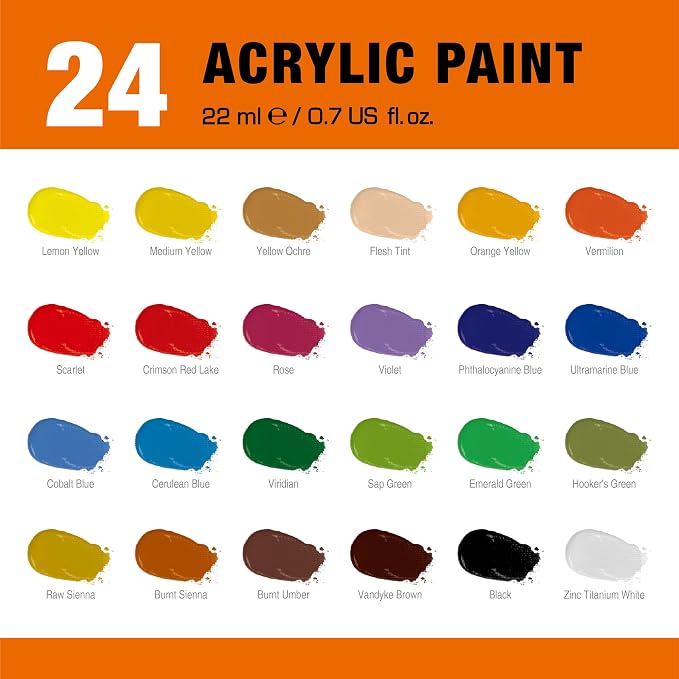 24 Colors Professional Acrylic Paint Set, Artist Paint Supplies | 22ml Tubes, Paint Set for Canvas, Crafts, Clay, Rocks, Paper etc., Basics Art Supplies, Giftable Set for Artists, Beginners