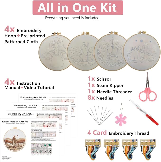 Nativity Embroidery Kit for Adults, Pre-Stamped Pattern Embroidery Kit for Beginners, Needlepoint Kit with Hoop Thread Needle Instruction, 7.9'' Hoop (Nativity 4 Packs)