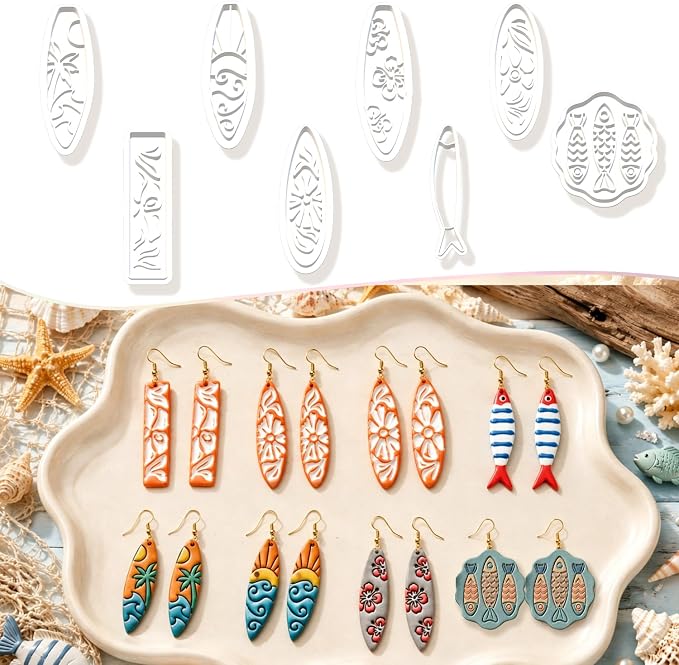 8Pcs Ocean Clay Earring Molds, Fish Flower Wave Polymer Clay Tools. Ocean Fish, Wave & Floral Patterns for Detailed Handmade Earrings and Coastal Clay Jewelry Designs