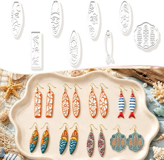 8Pcs Ocean Clay Earring Molds, Fish Flower Wave Polymer Clay Tools. Ocean Fish, Wave & Floral Patterns for Detailed Handmade Earrings and Coastal Clay Jewelry Designs