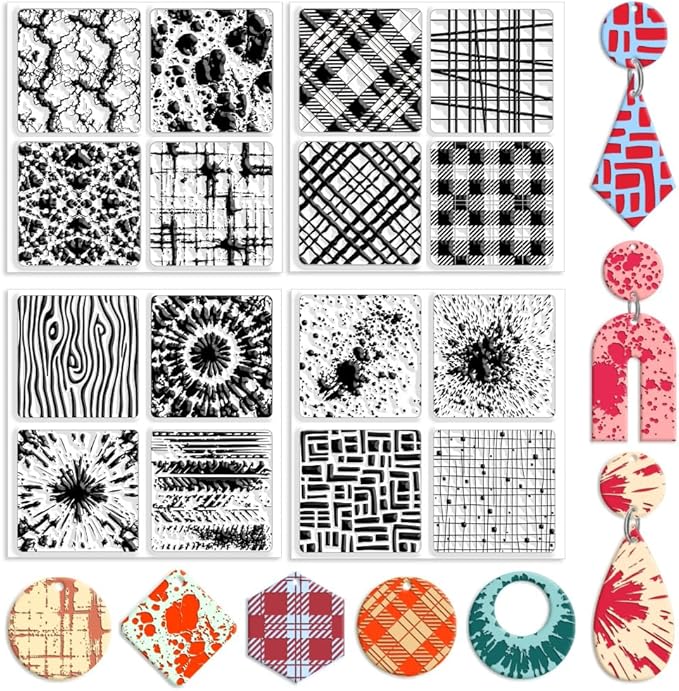 CHGCRAFT 4 Pcs 4 Styles Wood Print Polymer Clay Texture Sheets Marble Silicone Texture Stamp Clay Texture Mat Modeling Pattern Pad Texture Sheets for Making Earrings Jewerly, 5.5x5.5 inch
