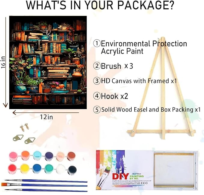 Bookshelf Paint by Numbers for Adults with Framed Canvas-with Wooden Easel,Paint by Numbers Kits Framed Canvas,DIY Acrylic Oil Painting Kits with Brushes Nice Gift Box for Home Wall Decor(12x16 Inch)