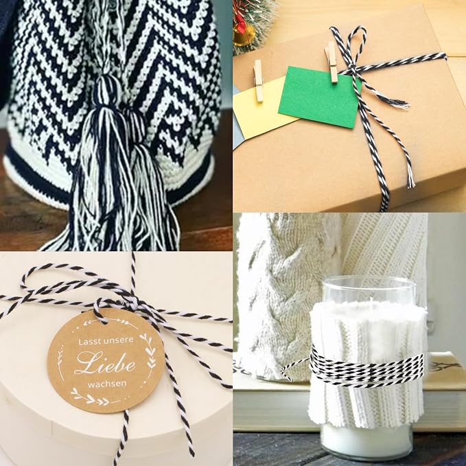 jijAcraft Black and White Twine String, 656 Feet Christmas Bakers String, 2MM Heavy Duty Packing Twine for DIY Crafts, Christmas Decoration, Gift Wrapping, Craft Wrapping