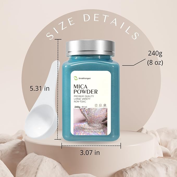 Mica Powder, Golden Blue, 240g with Scoop, Complies with ASTM D-4236 | For Epoxy Resin, Soap, Bath Bomb, Candle| Safety Material| Odorless| Brilliant Colors