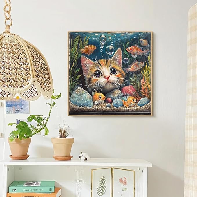 Curious Cat & Goldfish Diamond Art Kits for Adults,Diamond Painting Kit for Beginners, Round 5D DIY Dimond art,Full Drill Painting Kit Art and Crafts for Adults Home Wall Decor【13.8x13.8inch】
