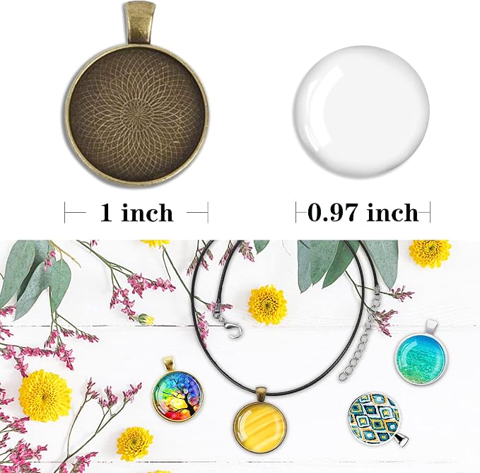 210Pcs Pendant Trays Kit, Bezel Pendant Trays Charms Bulk with Glass Cabochon and Necklace Cords Set for Homemade Necklaces, Jewelry Making, DIY Crafts, Resin Art and Paint Pour Skins