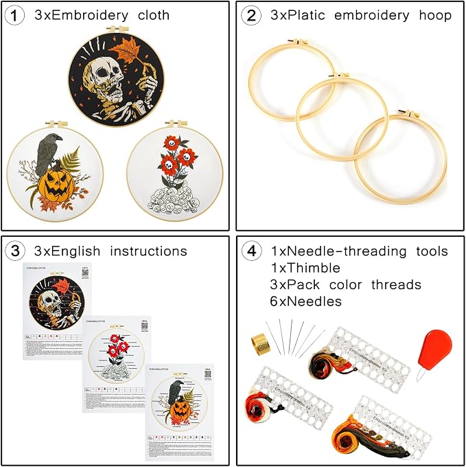 Gothic Halloween Embroidery Starter Kit for Beginners Adults, Stamped Cross Stitch Kit Needlepoint Kit for Beginner Adult, 3 Embroidery Hoop 3 Set Embroidery Supplies (Attached Teaching Video QR Code)
