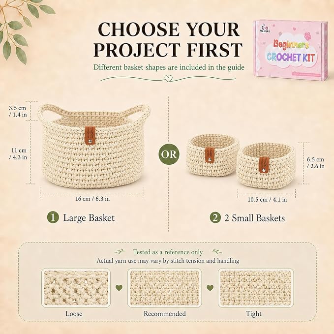 27PCS Crochet Basket Kit for Beginners,Beige Square Basket,Gift Box Package