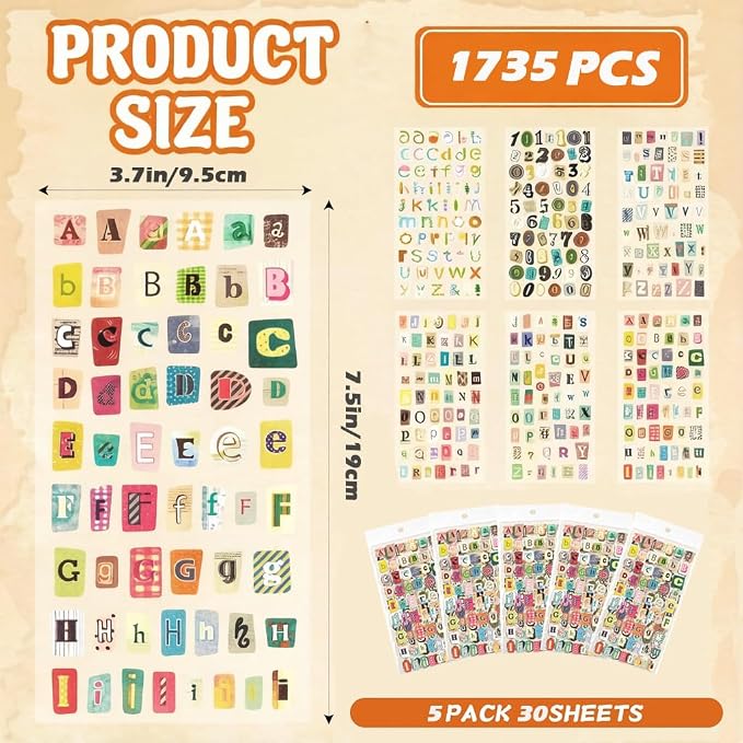 1735PCS Vintage Stickers, 30 Sheet Scrapbook Stickers Graffiti, Cute Vintage Letters Numbers Self Adhesive Decals Scrapbooking Supplies for Diary DIY Art Album Paper Crafts (1735PCS)