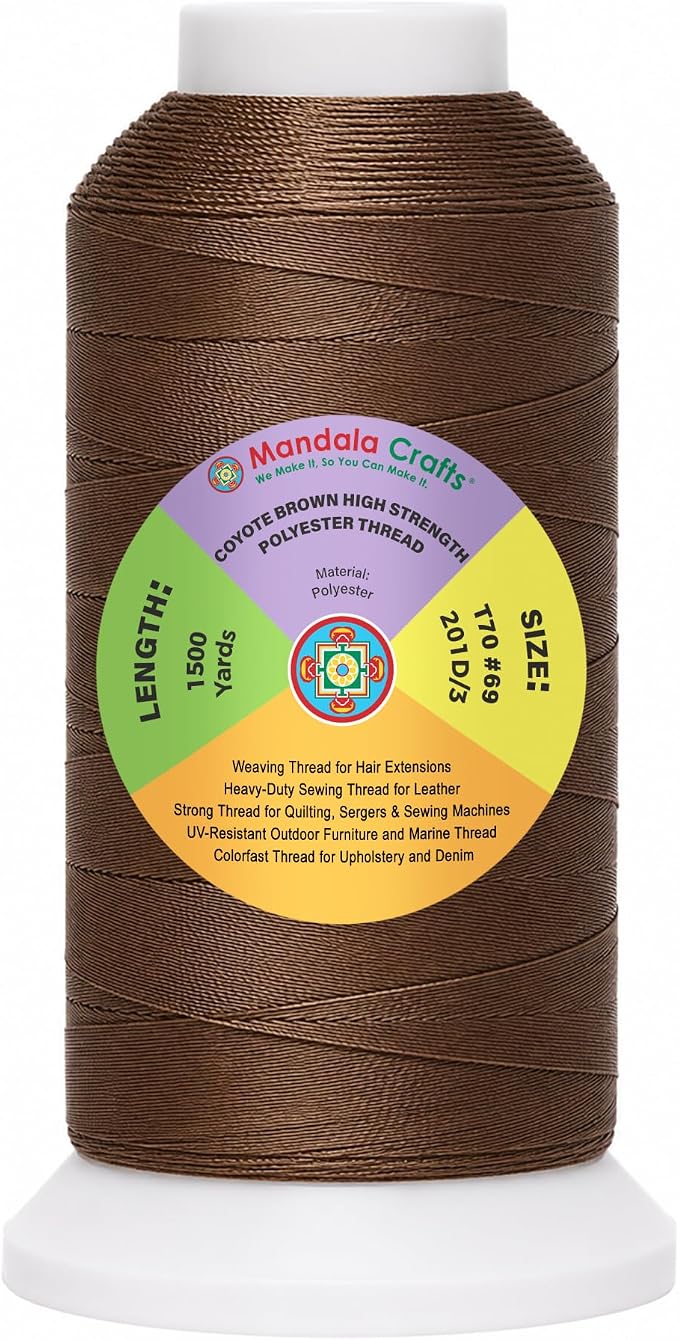Mandala Crafts Coyote Brown Tex 70 Upholstery Polyester Heavy Duty Thread | 1500 Yds T70 UV Resistant Strong Thread for Leather Sewing, Marine, Drapery, Jeans, Hair Weaving & Extension, Outdoor